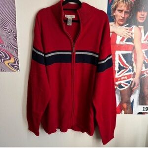 Vintage Red Zip-Up Sweater with Stripes
